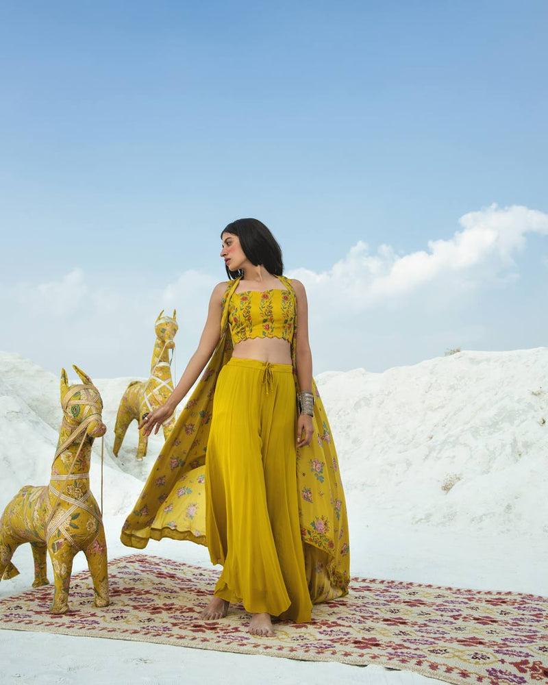 Designer Mustard Crop Top Palazzo Set