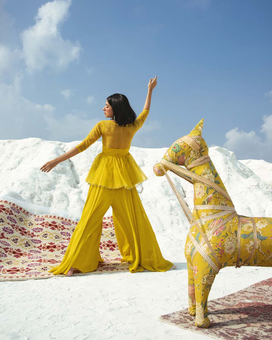 Mustard embroidery Scalloped peplum with palazzo Set by PAULMI AND HARSH