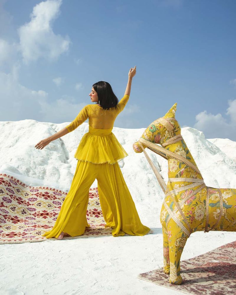 Mustard embroidery Scalloped peplum with palazzo Set by PAULMI AND HARSH