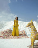 Mustard embroidery Scalloped peplum with palazzo Set by PAULMI AND HARSH