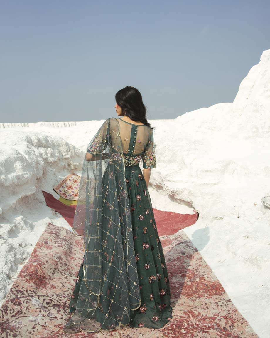 Green embroidery Lahenga set by PAULMI AND HARSH
