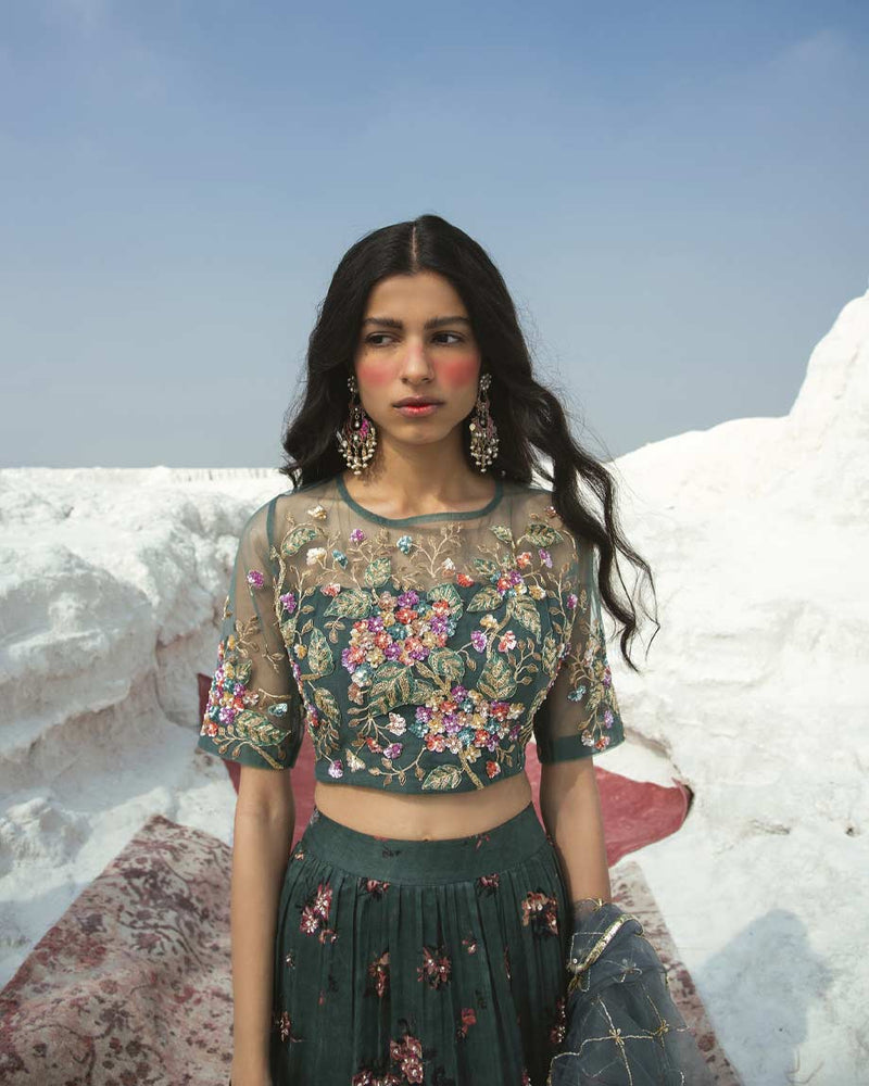 Green embroidery Lahenga set by PAULMI AND HARSH
