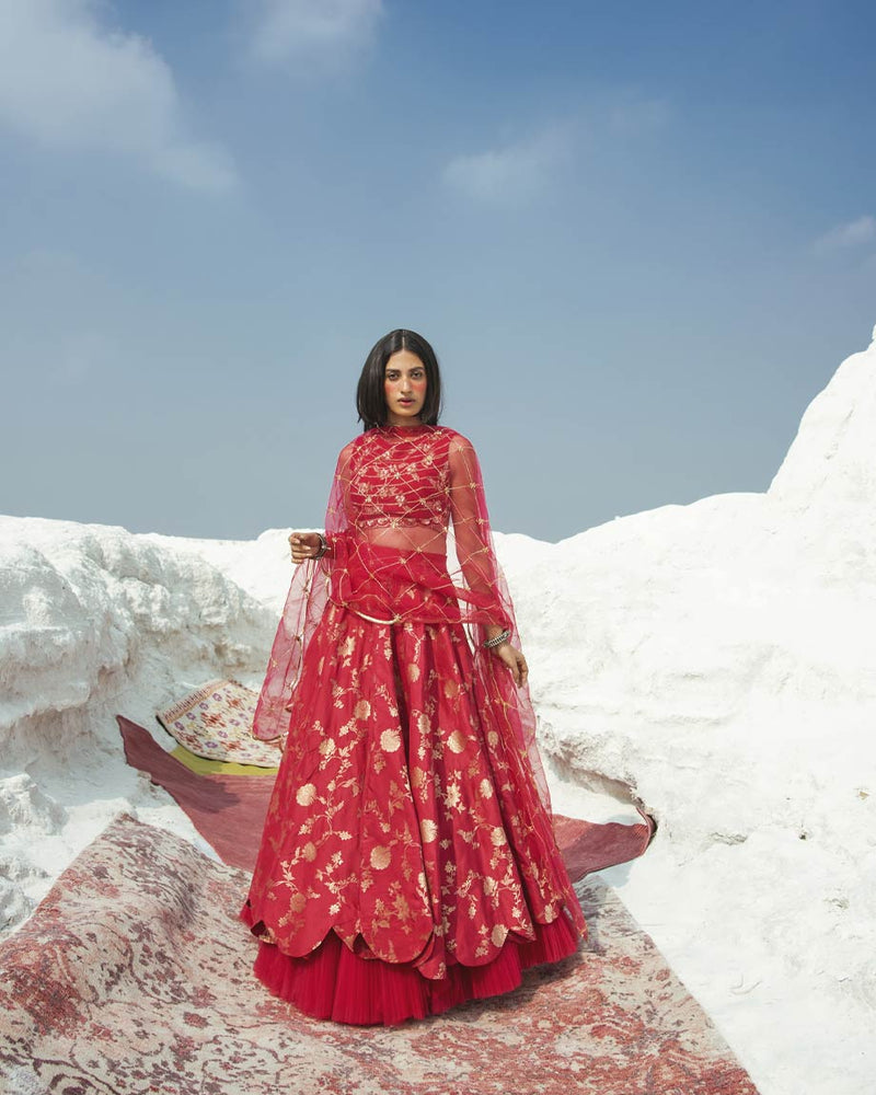 Fuscia pink Embroidery lahenga Set by PAULMI AND HARSH