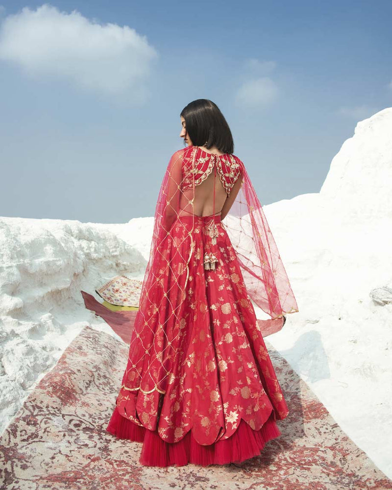 Fuscia pink Embroidery lahenga Set by PAULMI AND HARSH