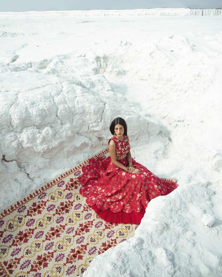 Fuscia pink Embroidery lahenga Set by PAULMI AND HARSH
