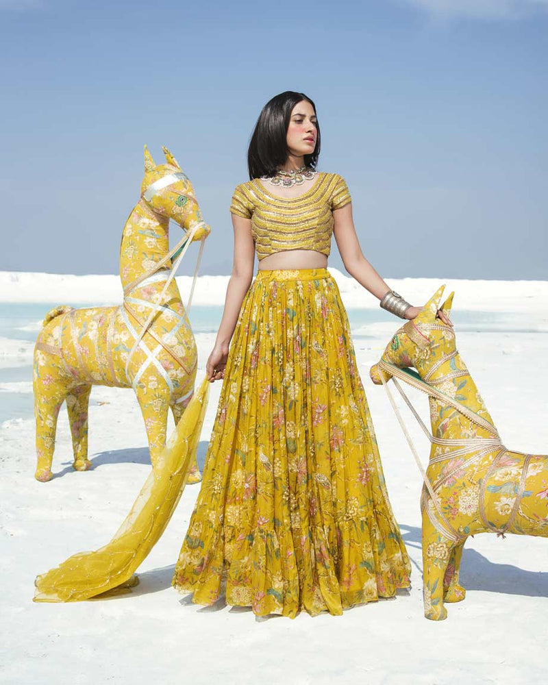 Mustard Yellow Lahenga Set by PAULMI AND HARSH
