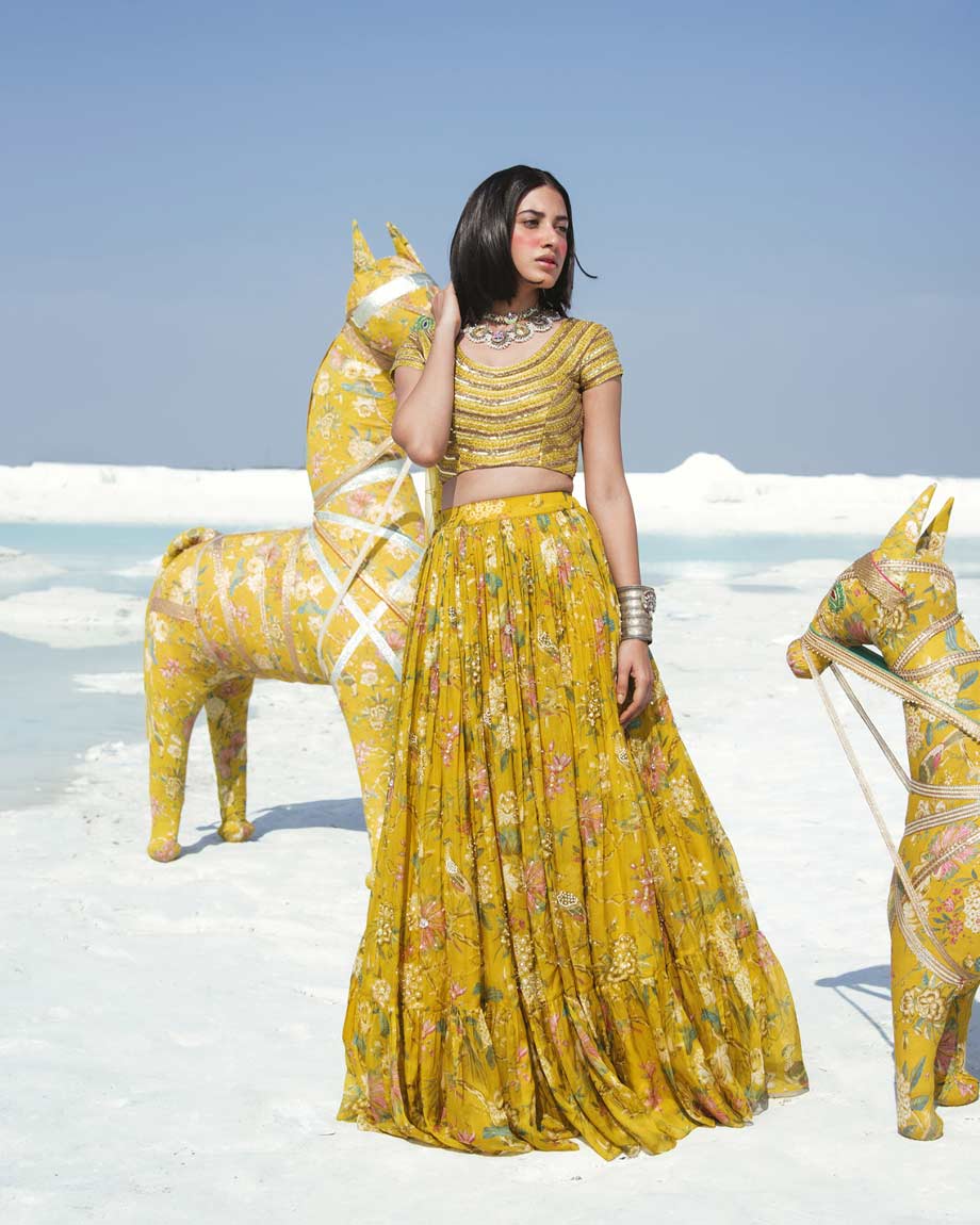 Mustard Yellow Lahenga Set by PAULMI AND HARSH
