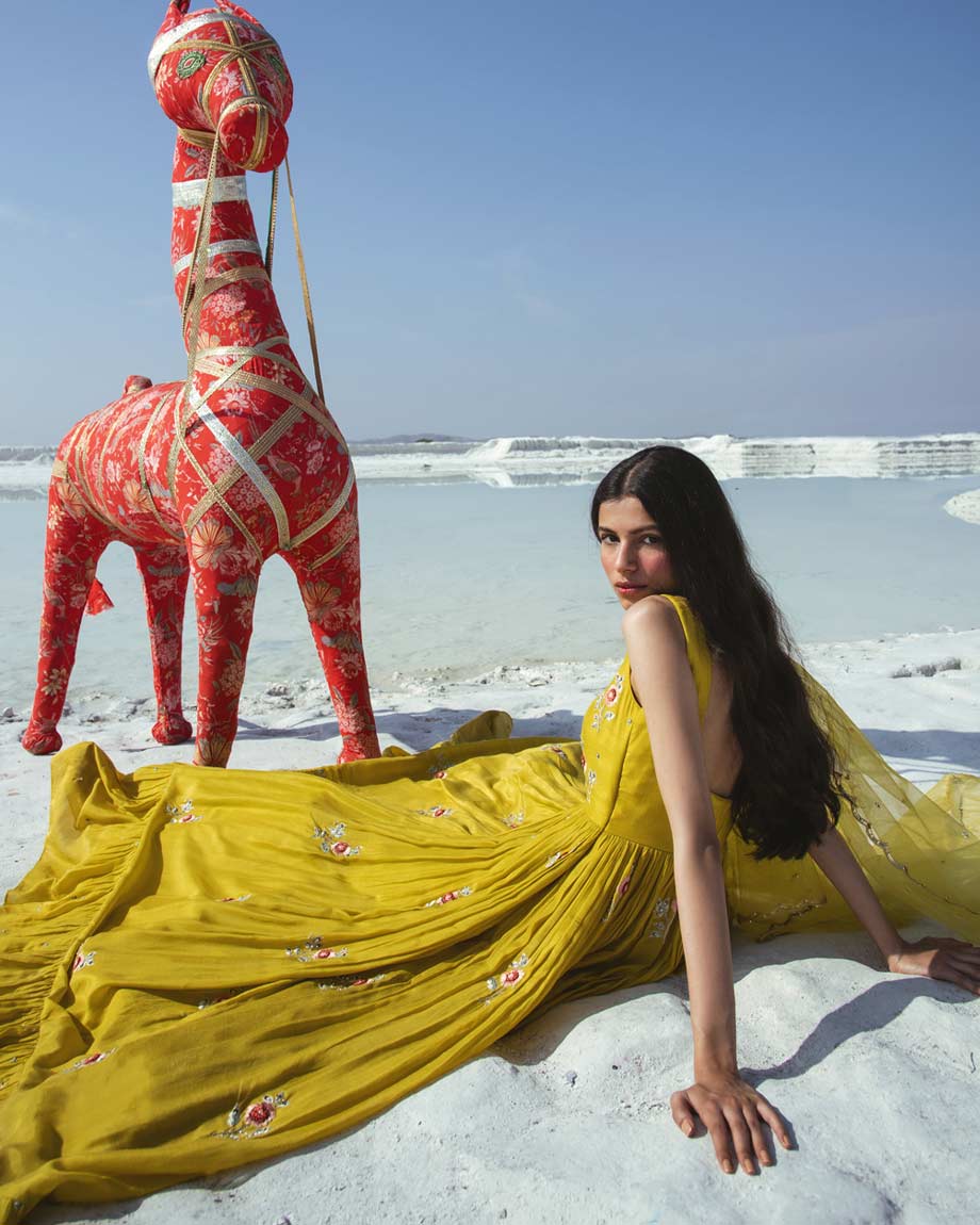 Mustard Anarkali Set by PAULMI AND HARSH