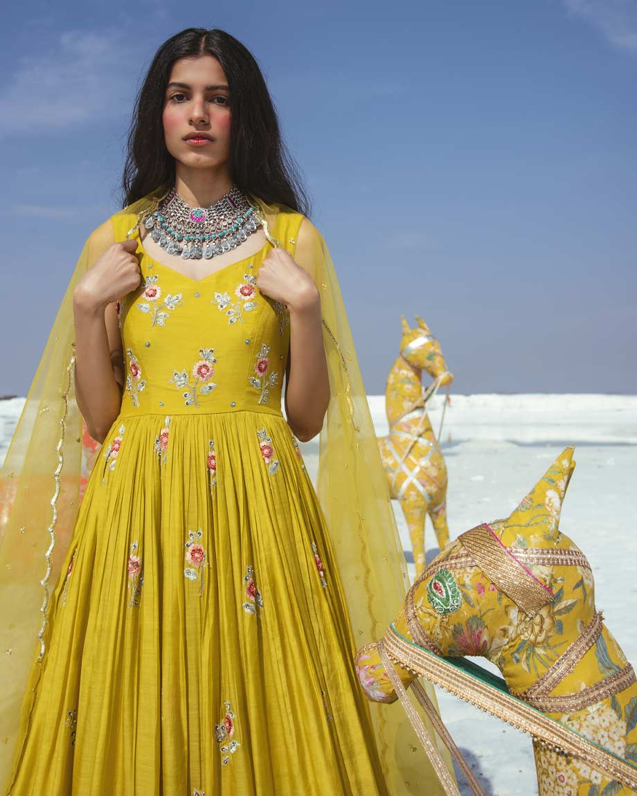 Mustard Anarkali Set by PAULMI AND HARSH