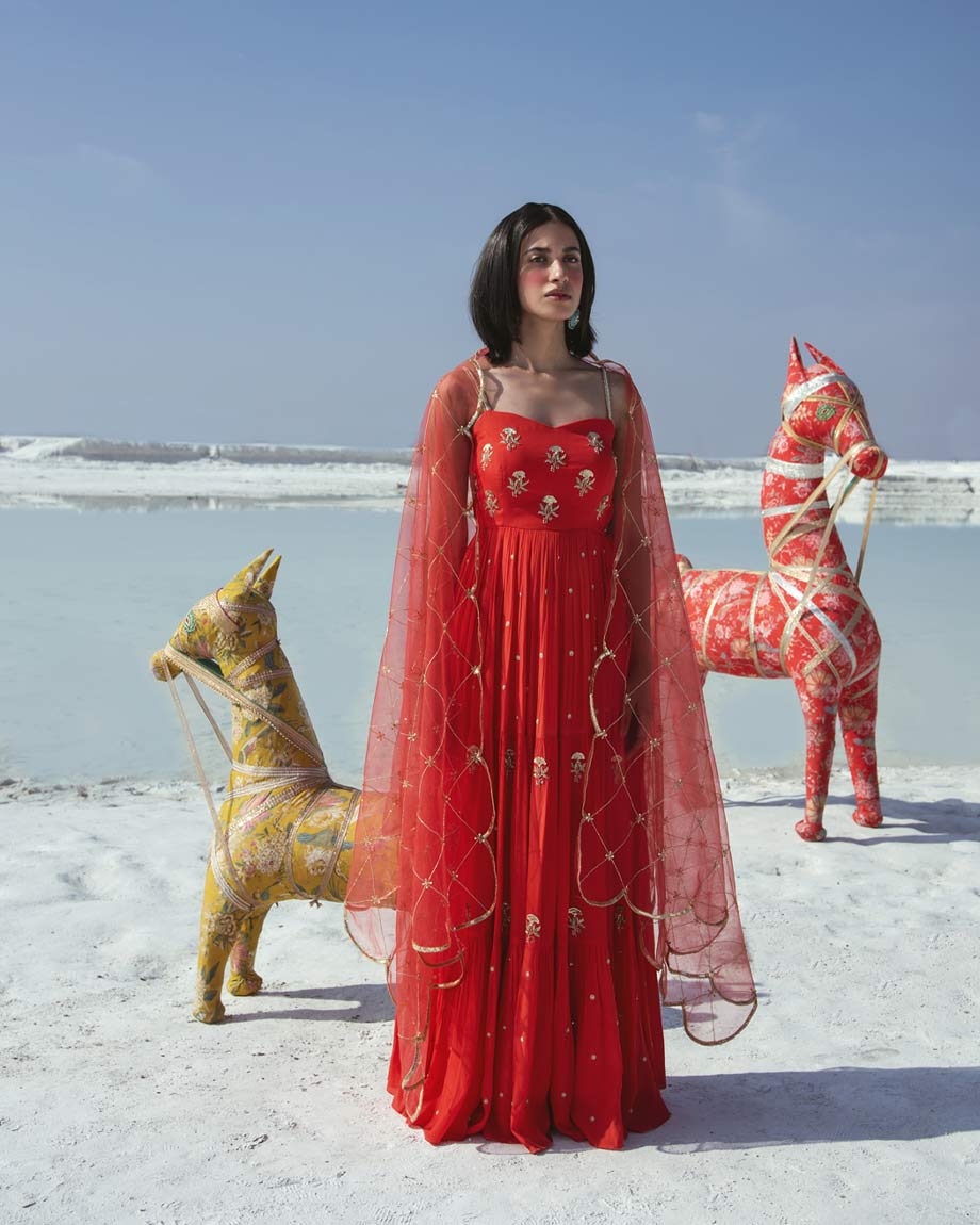 Red Anarkali Set by PAULMI AND HARSH