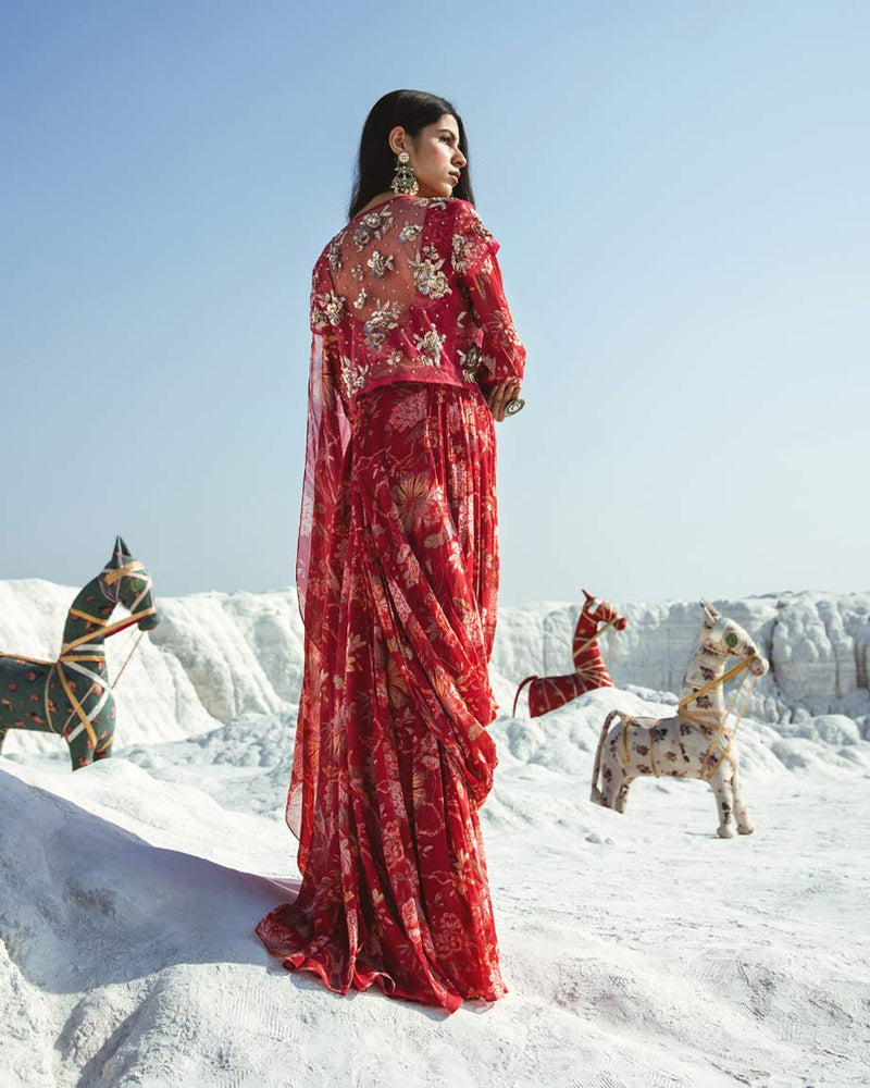 Fuscia pink draped saree with jacket by PAULMI AND HARSH