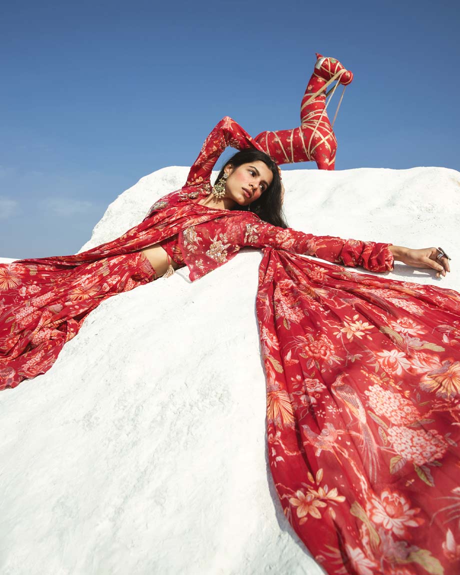 Fuscia pink draped saree with jacket by PAULMI AND HARSH
