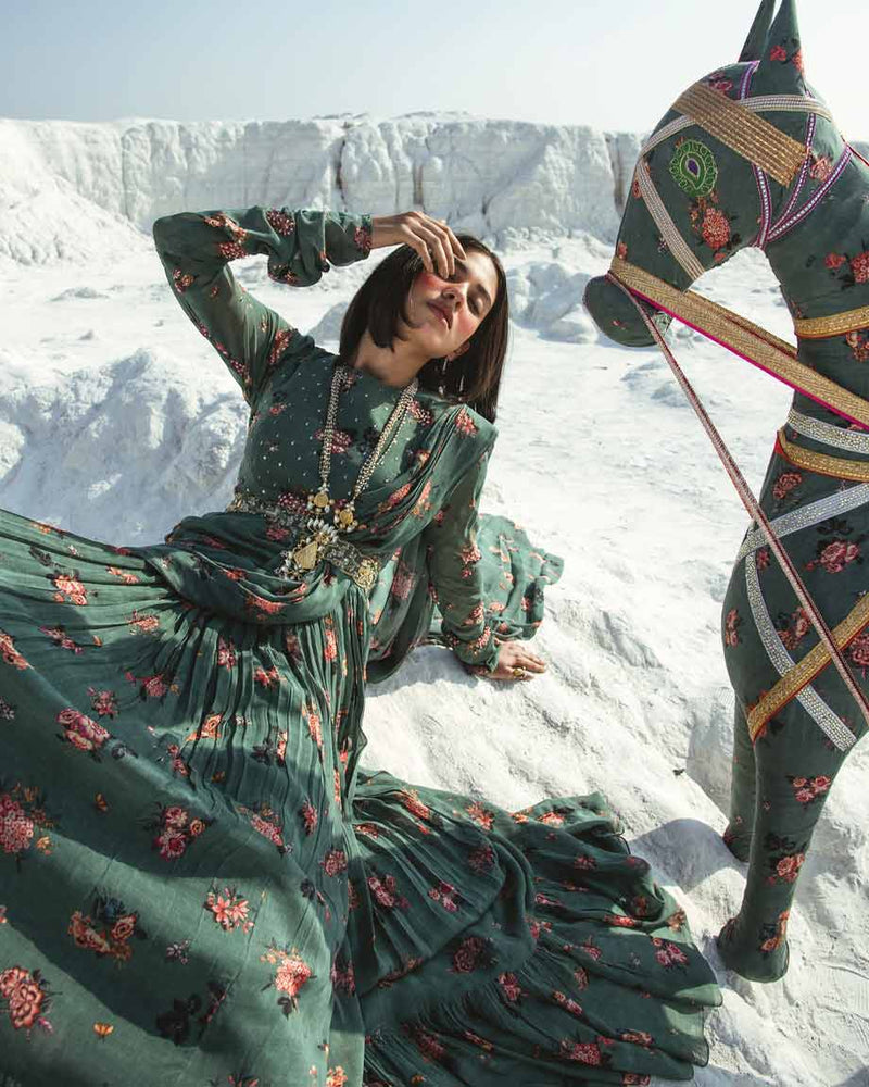 Green Anarkali with Attached Drape Duppatta By PAULMI AND HARSH