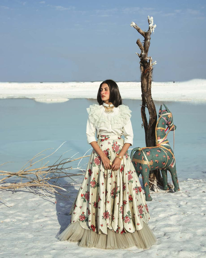 Ivory scalloped lahengha with net frill shirt by PAULMI AND HARSH