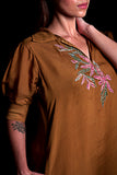 SEESA - Golden Brown Collared Dress With Embroidery