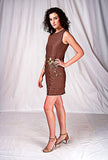 SEESA - Brown linen dress with floral hand-embroidery