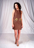 SEESA - Brown linen dress with floral hand-embroidery