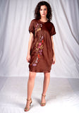 SEESA-Brown balloon dress with floral embroidery