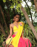 NIKASHA Coral pre-pleated saree with yellow palla