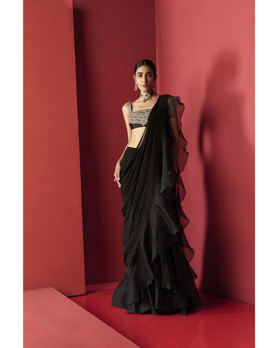 Buy Peach Blouse Net Saree Chiffon Embroidery Ambre Draped Ruffle With For  Women by Ridhi Mehra Online at Aza Fashions.