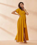 Mustard Pearl Pleated Drape Dress by AAKAAR