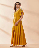 Mustard Pearl Pleated Drape Dress by AAKAAR