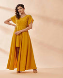 Mustard Pearl Pleated Drape Dress by AAKAAR