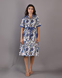 85 Lansdowne - Delphine Shirt Dress with Contrast Belt and Snap Button Closure (Blue/White) 