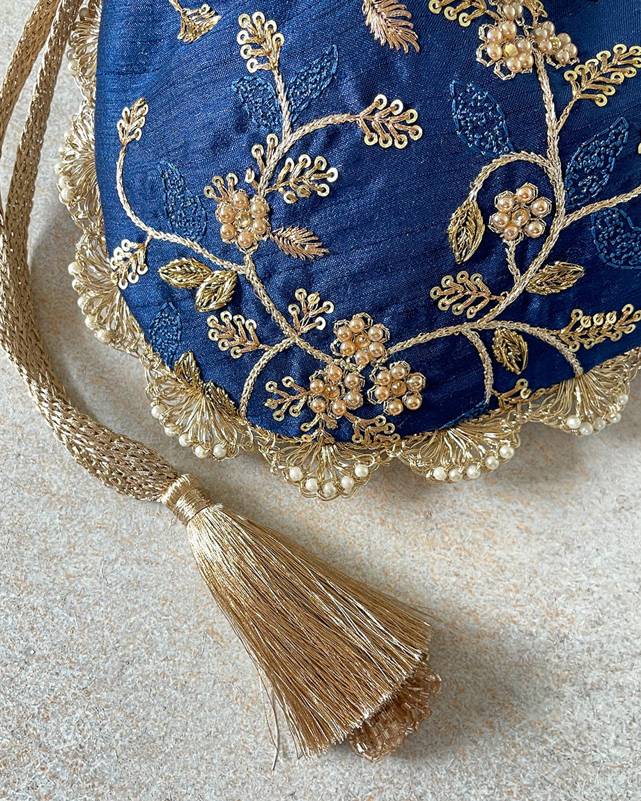 Stunning Royal Potli Bag with Pearl Embroidery in Navy and Mauve 