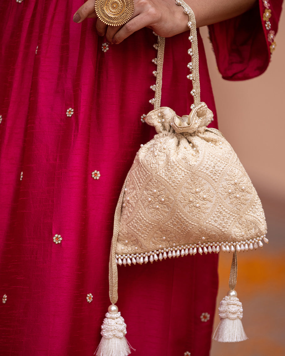 "Premium Designer Oyster Potli Bag - Beige & Off White Embroidered Silk with Pearl Detailing 