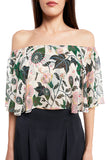 White Abutilon print off-shoulder ruffle top